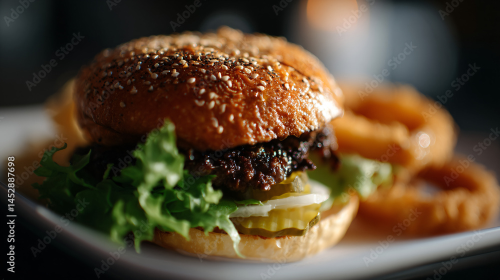 A juicy hamburger with a benny roll fresh greens, pickles, and crispy onion rings on a white background. A juicy hamburger with a benny roll fresh greens, pickles, and crispy onion rings on a white background.
