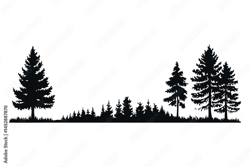 Fototapeta premium Pine trees silhouettes. Evergreen coniferous forest silhouette, nature spruce tree park view vector illustration. Coniferous woods silhouette