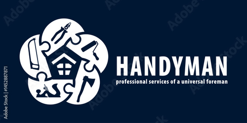 Handyman concept in blue. Professional services of a universal foreman. Workshop, repairman services, carpenter, any type of repair of home: axe, hacksaw, pliers, plane, paint roller. Vector EPS10.
