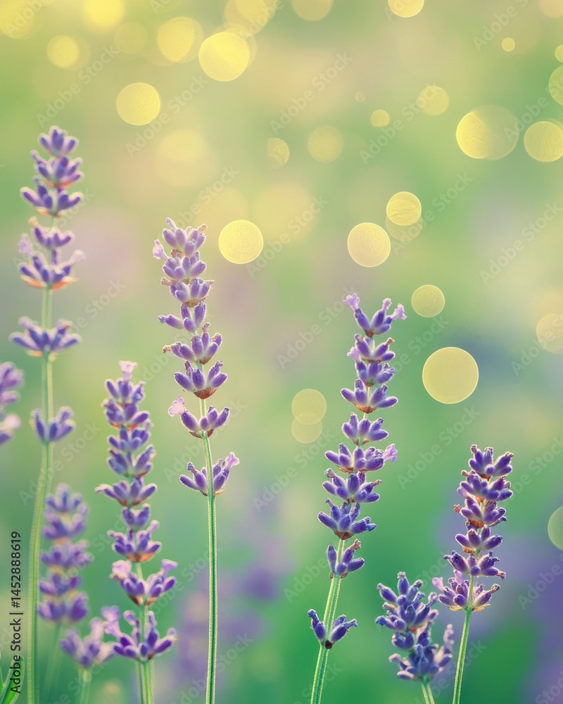 Naklejka premium Captivating Lavender Field in Soft Focus with Bokeh Lights Evoking Tranquility and Serenity Featuring Purple Flowers and Green Background Perfect for Springtime