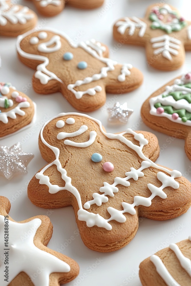 Festive gingerbread cookies decorated with icing and sprinkles. Festive gingerbread cookies decorated with icing and sprinkles.