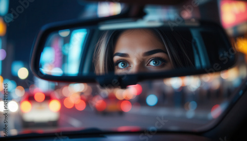Night Driving Perspective: Driver's Reflection and Cityscape