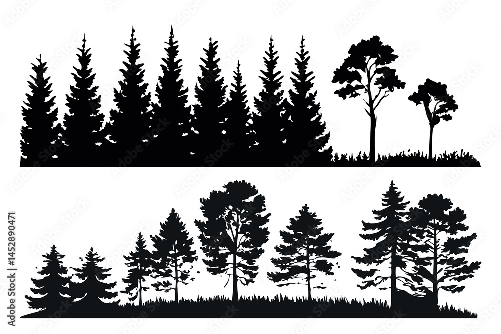 Obraz premium Pine trees silhouettes. Evergreen coniferous forest silhouette, nature spruce tree park view vector illustration. Coniferous woods silhouette