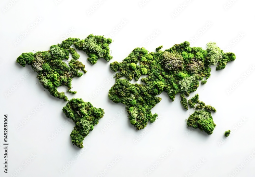 World map-shaped moss arrangement on white background. World map-shaped moss arrangement on white background.