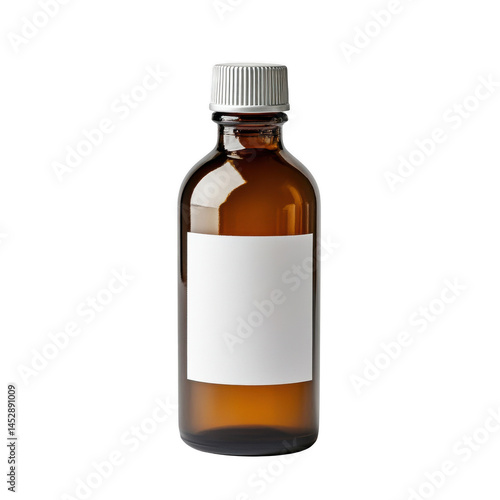 Amber bottle with blank label isolated on a dark background