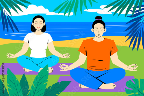 Open air meditation, yoga practice concept. Asian man and woman in sportswear training together on tropical coast. Healthy lifestyle, active recreation.