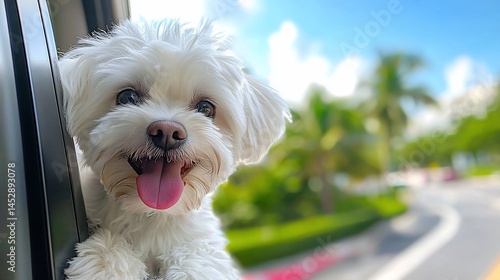 Happy white dog sticking head out car window