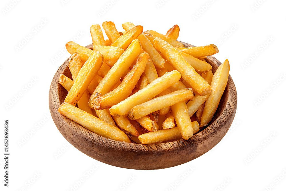 French fries on a wooden plate isolated on transparent background French fries on a wooden plate isolated on transparent background