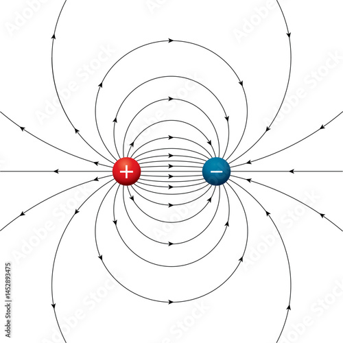 An electric dipole. Electric field lines of two opposite charges separated by a finite distance. The physical dipole, two poles, is made of electrically charged balls. 