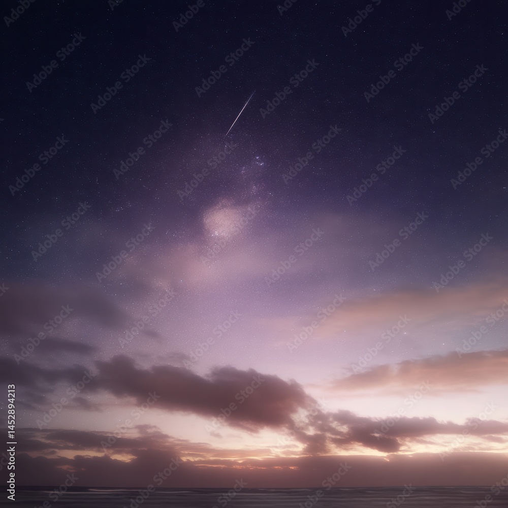 Fototapeta premium Ethereal nightscape with shooting star over tranquil ocean under a celestial canvas of stars and clouds in a dreamy violet and blue hue perfect for stock photography