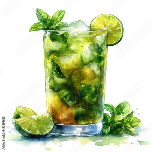 illustration of Chilled Mojito With Mint And Lime, watercolor vector, isolated on a white background.