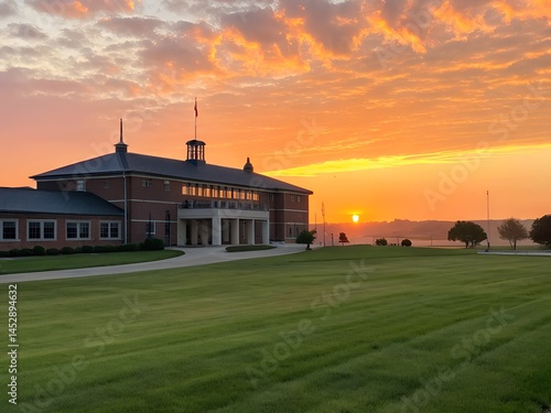 A large field with a level lawn stretching out over the horizon at sunset.