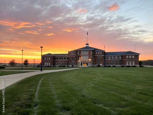 A large field with a level lawn stretching out over the horizon at sunset.