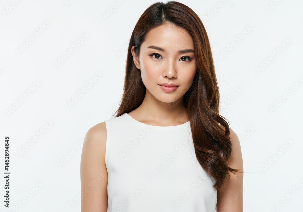 Portrait of a beautiful young asian woman with long brown hair wearing a stylish white sleeveless top Portrait of a beautiful young asian woman with long brown hair wearing a stylish white sleeveless top