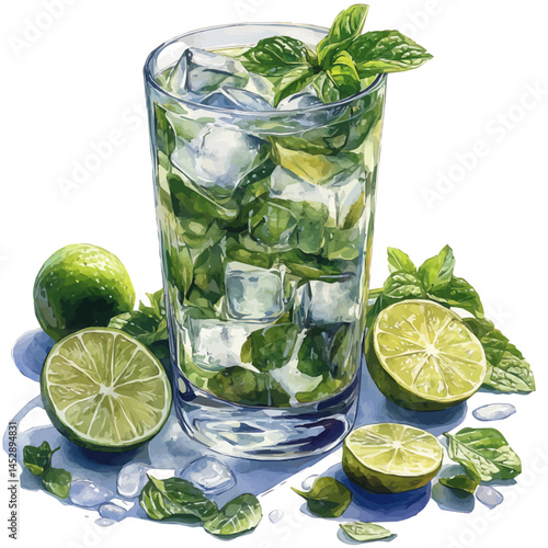 Chilled Mojito With Mint And Lime, watercolor vector, isolated on a white background.