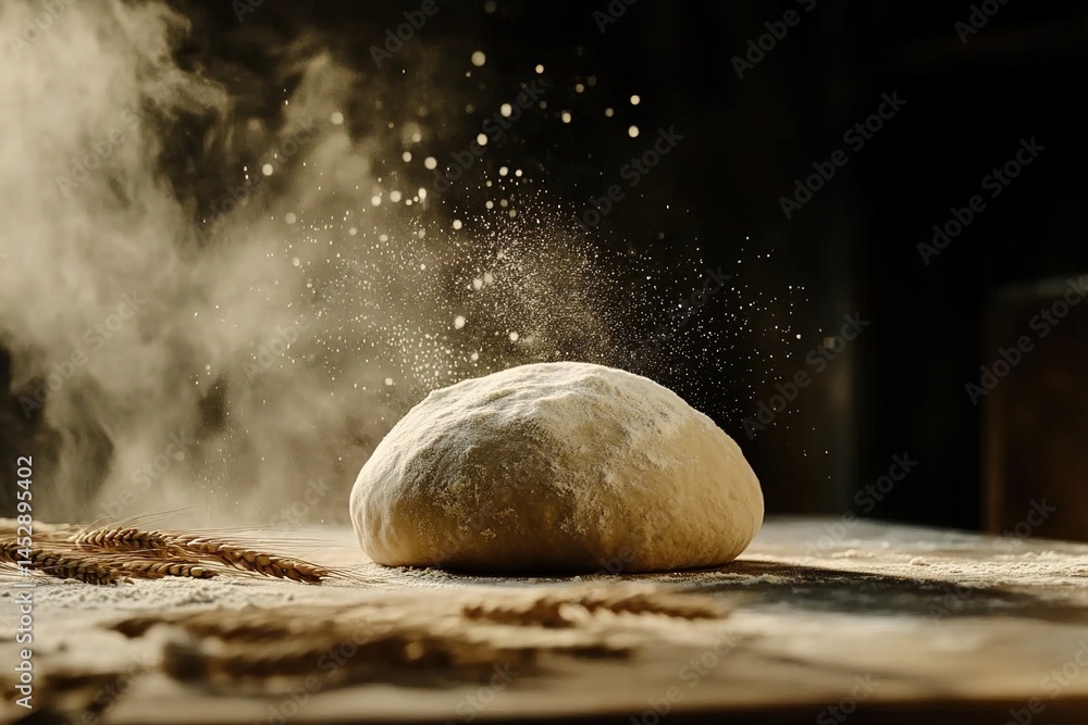 Dough with flour on wooden surface surrounded by wheat spikes. Dough with flour on wooden surface surrounded by wheat spikes.
