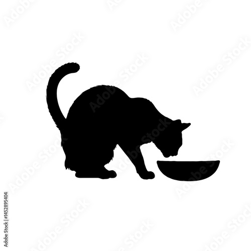 Silhouette cat eating food bowl vector graphic