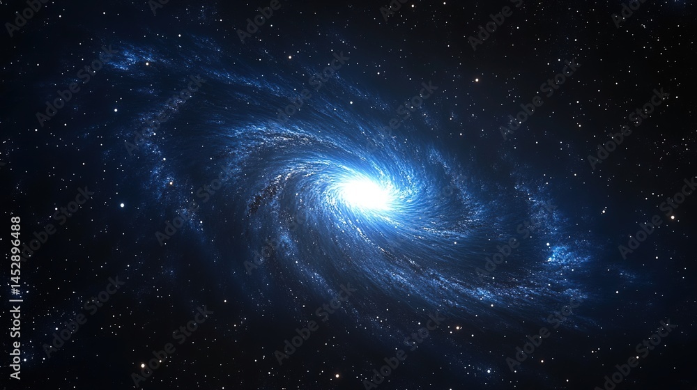 Fototapeta premium Blue spiral galaxy with bright core and stars in cosmic space.