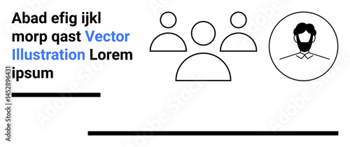 User avatar paired with three group icons, abstract lines, and placeholder text ideal for teamwork, collaboration, user profiles, social networking, education, communications, and simple landing page