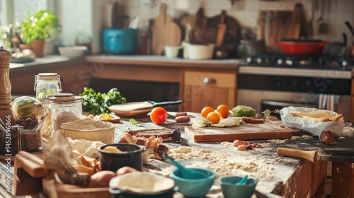 Rustic Kitchen Cooking Scene: A Messy But Charming Display of Culinary Preparations