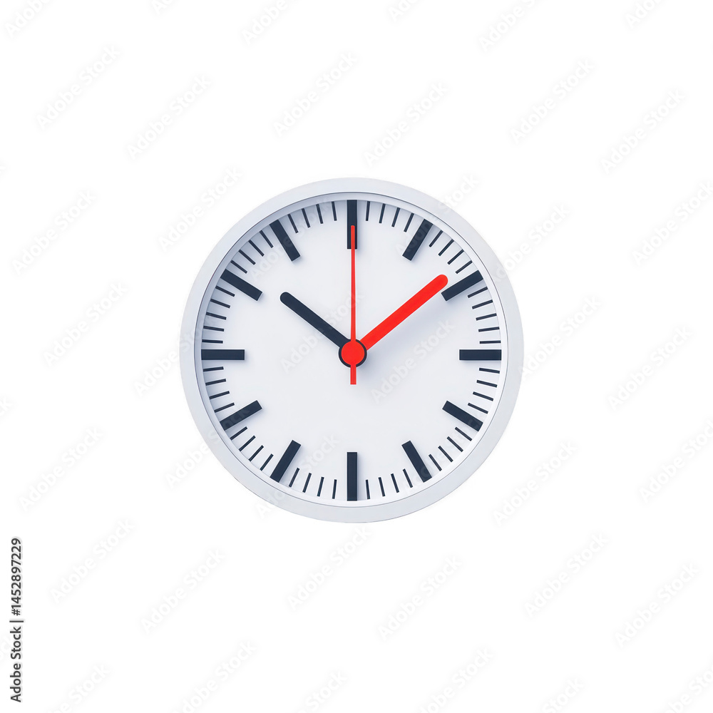 Round wall clock with white face, black hour and minute hands, and red second hand, displaying modern and minimalist design Round wall clock with white face, black hour and minute hands, and red second hand, displaying modern and minimalist design