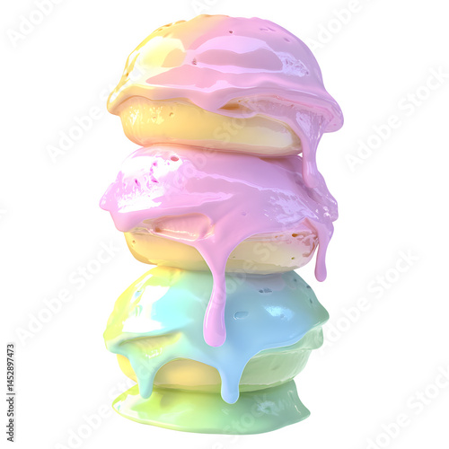 Photos Three-scoop stack of rainbow sherbet in pastel tones, melting slightly with glossy textures, photorealistic-style rendering, white background, isolated for PNG
