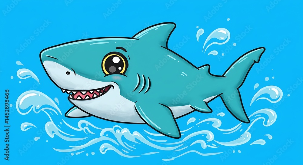 Obraz premium Adorable Cartoon Shark: Teal Delight in Blue Waters AI Generated