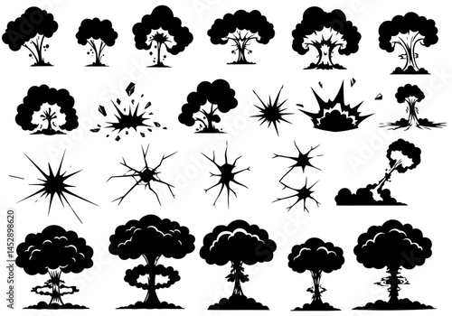 Stock vector set of explosion silhouette, broken glass, tree explosion, vector illustration isolated
