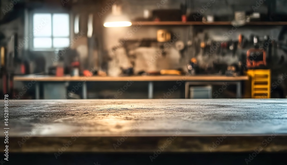 Workshop interior with yellow-black power tool on workbench. Workshop interior with yellow-black power tool on workbench.