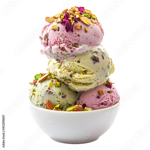 Triple scoop of pistachio, saffron, and rose ice cream topped with golden almonds, crushed pistachios, and edible dried roses, ultra-clean on white.