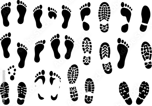 Footprint pattern vector illustration, bare feet and shoe prints seamless background, foot steps design
