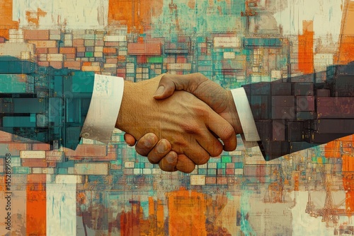 A digitally crafted artwork showcasing a business handshake against a background of stylized shipping containers and industrial elements.