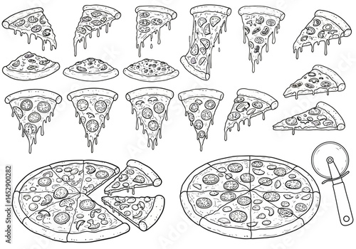 Pizza slices vector illustration for coloring book page or menu design italian food drawing line art