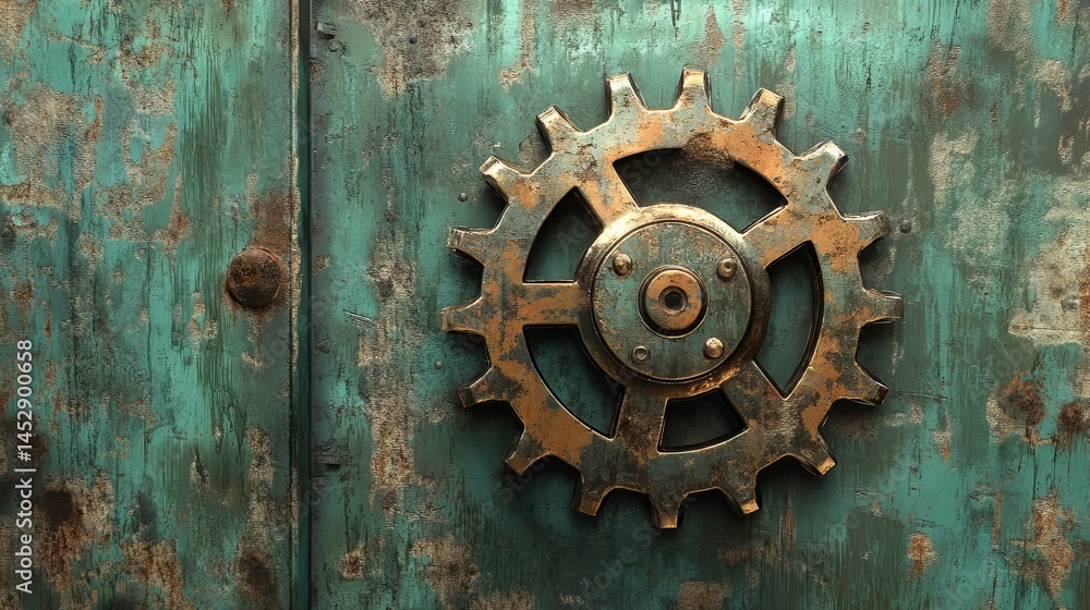 Rustic green metal gear wheel on weathered background texture old cog art gold iron worn aged rusty Rustic green metal gear wheel on weathered background texture old cog art gold iron worn aged rusty