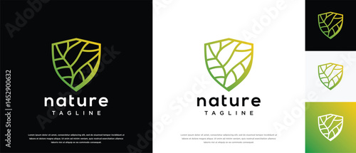 Nature shield logo design template. Vector icon of nature shield logo design with leaves made with lines