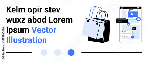 Smartphone screen displaying video and messages alongside shopping bags, highlighting e-commerce. Ideal for online shopping, digital marketing, mobile apps, business, retail, delivery services, flat