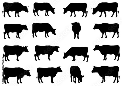 Cow silhouette vector illustration set, farm animal graphic design element, cattle livestock collection isolated

