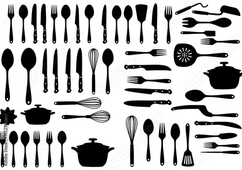 Kitchen utensils silhouette vector illustration cooking tools cutlery flatware cookware design elements set
