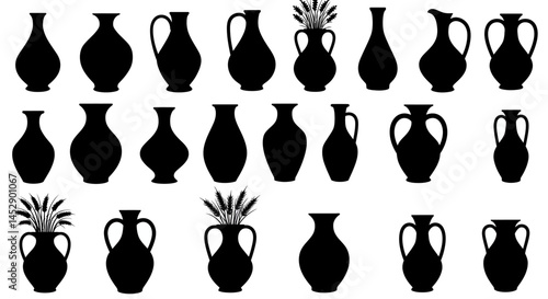 Collection of antique greek vases silhouettes vector art pottery design illustration set ancient amphora shapes
