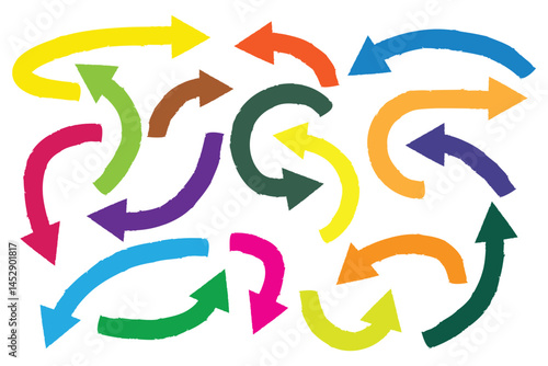 Hand-drawn style curved arrows. Colorful arrows point in different directions, suggesting movement, cycles, or diverse choices