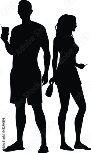 A black and white silhouette of a couple standing outdoors, likely at a beach or poolside.