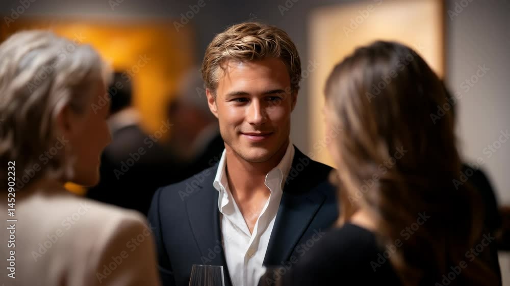 A Man in a Dark Suit Smiles Softly as He Converses With Two Women at a Business Meeting or Formal Event. A Man in a Dark Suit Smiles Softly as He Converses With Two Women at a Business Meeting or Formal Event.