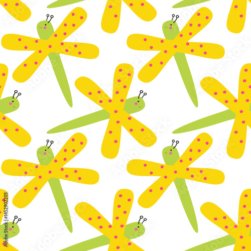 Summer seamless pattern with insects, flowers, bee, dragonfly, caterpillar, snail, Bright Colorful background. Vector, Isolated.