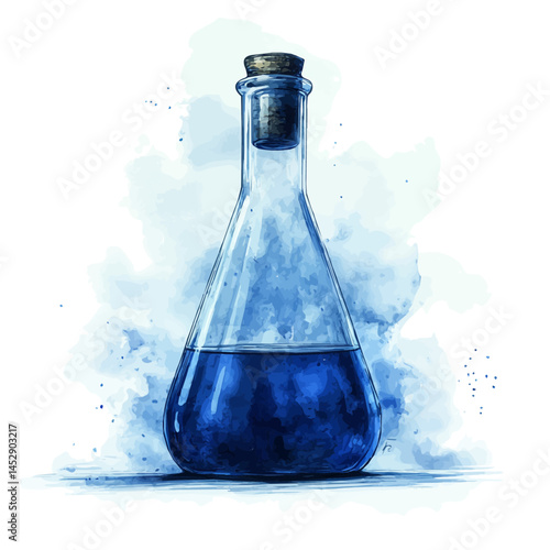 Chemistry Flask With Smoke, vector watercolor illustration, isolated on a white background.