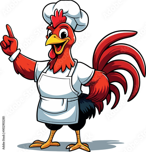A cartoon rooster wearing a chef's hat and white apron