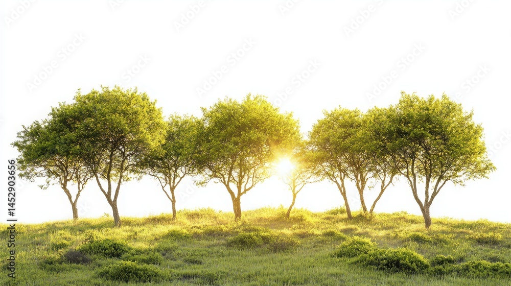 Naklejka premium Five Trees on a Hill at Sunset
