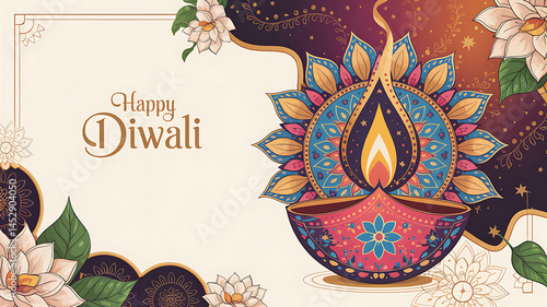 Happy Diwali Vector Illustration Featuring a Vibrant Design Template with a Decorative Lamp, Golden Lights, and a Colorful Mandala Background, Perfect for Celebrating Diwali the Festival of Lights