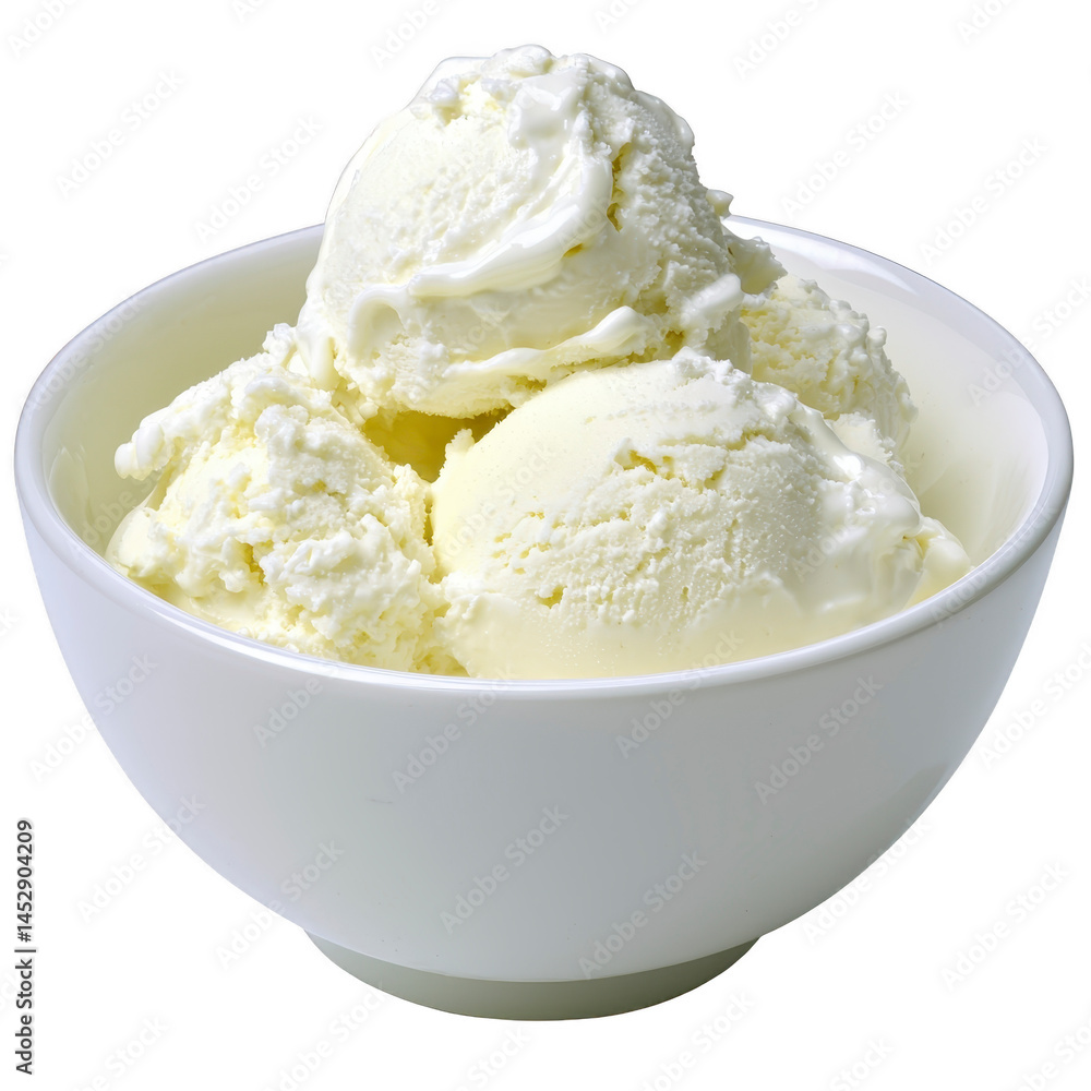 Bowl of creamy vanilla ice cream with three scoops, showcasing smooth and rich texture, perfect for refreshing dessert Bowl of creamy vanilla ice cream with three scoops, showcasing smooth and rich texture, perfect for refreshing dessert