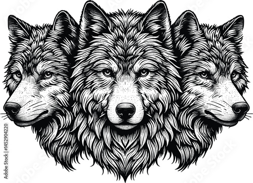Triple Wolf Head Vector Silhouette Design, Three Wolves Clipart in Tribal Style for T-Shirts and Wall Art, Wild Howling Wolf Pack Cricut Cut File, Fierce Animal Artwork for Tattoo and Decor Projects