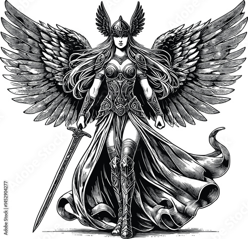 Valkyrie Vector Silhouette Design, Norse Mythology Warrior Woman Clipart for T-Shirts and Wall Art, Winged Valkyrie Cricut Cut File, Viking Shieldmaiden Heroine for Decor, Tattoo, and Sublimation Art